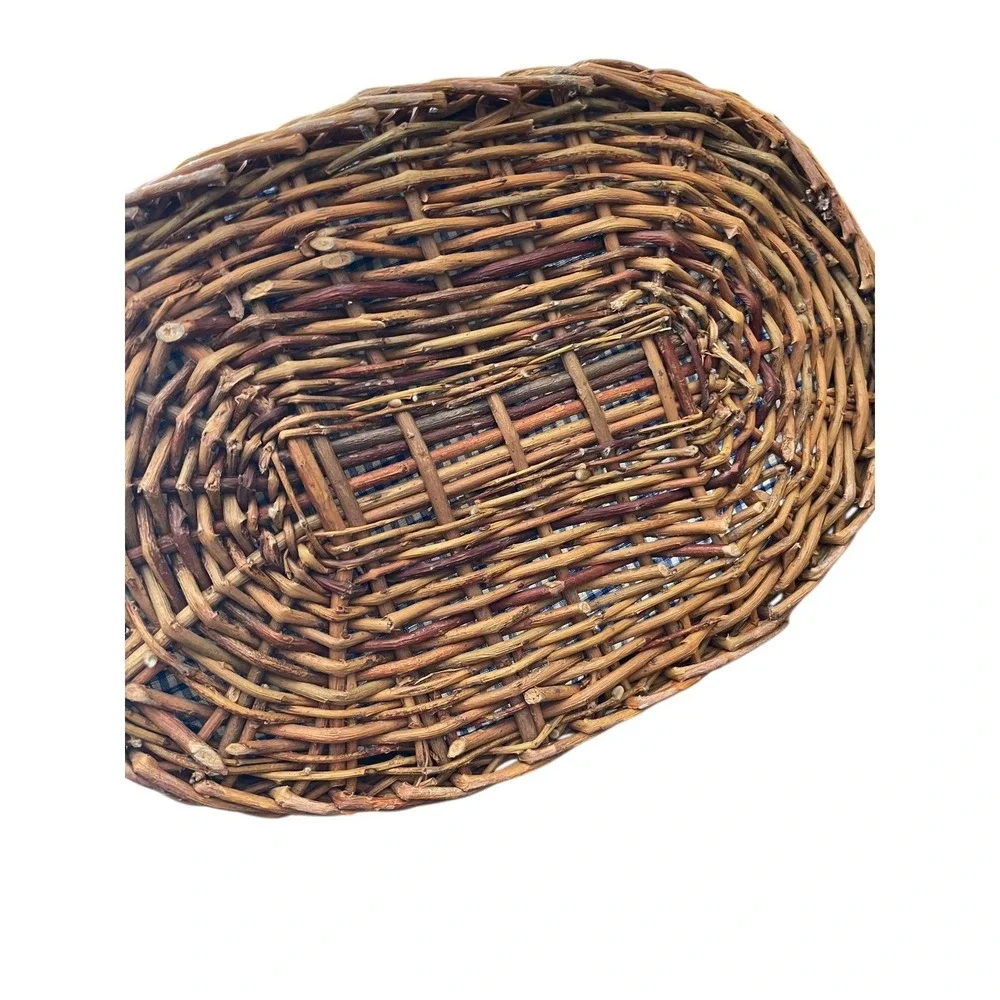 Vintage Wicker‎ Basket w/ Blue Gingham Liner Farmhouse Country Decor
